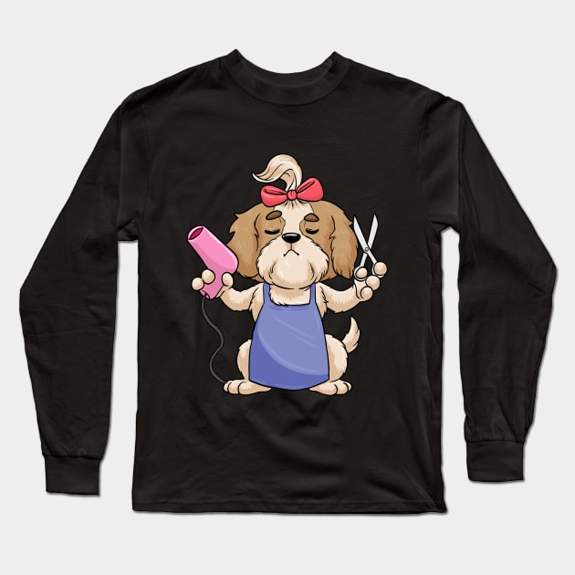 Dog as hairdresser with scissors and hair dryer Long Sleeve T-Shirt by Markus Schnabel